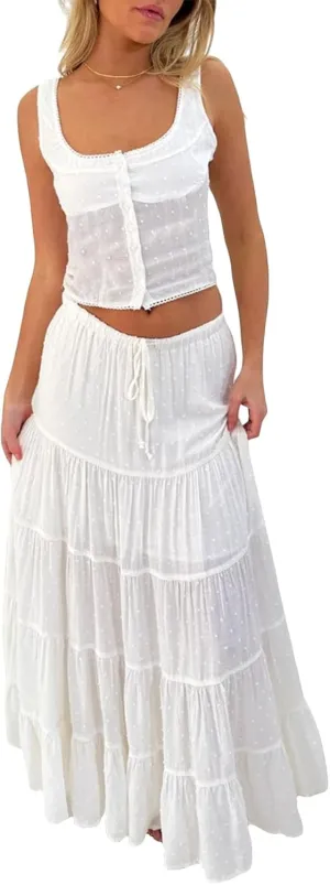 Yoawdats Women 2 Piece Ruffle Maxi Skirt Set Summer Sleeveless Tank Top Tiered Flowy Long Skirt Y2K 2Pc Outfits Beachwear