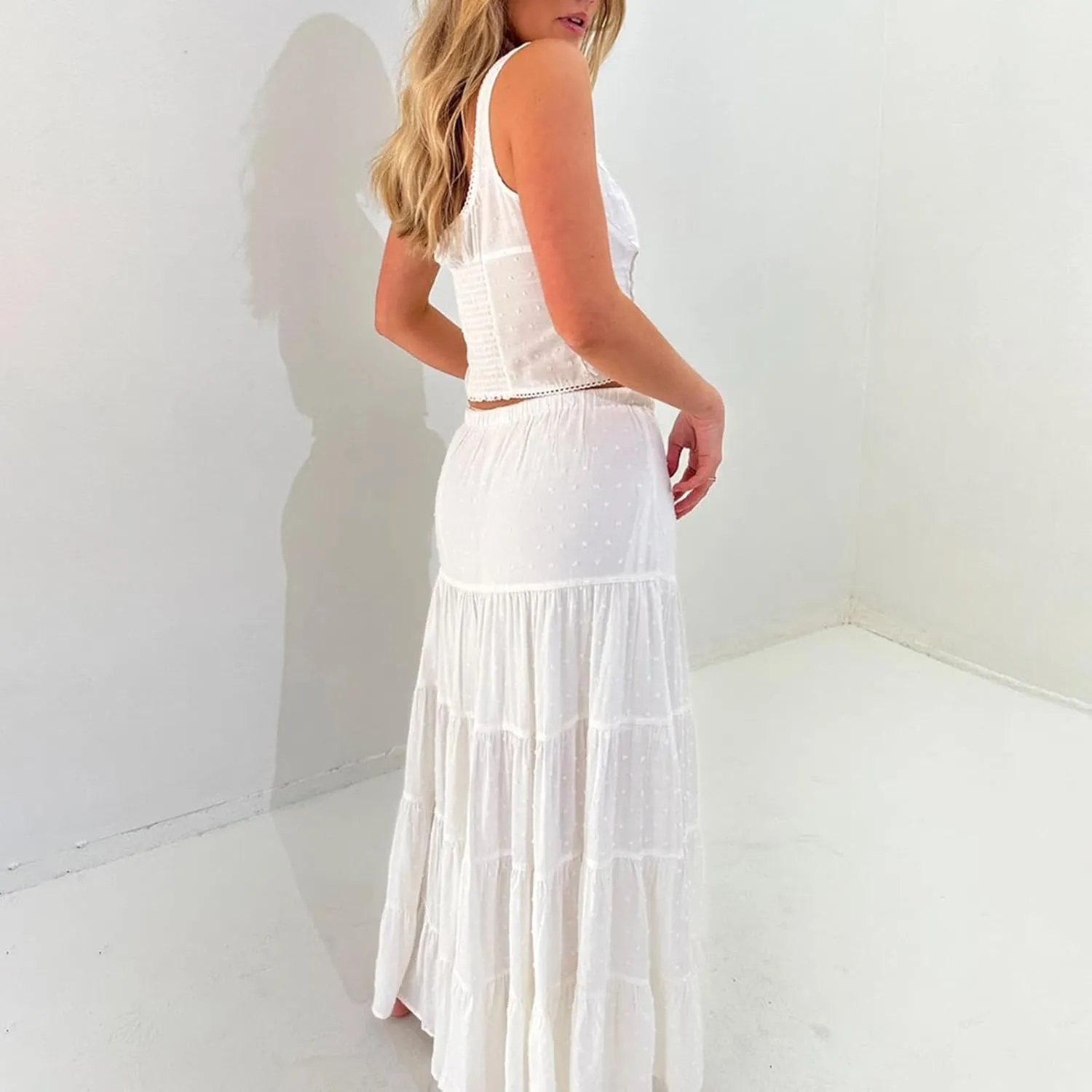 Yoawdats Women 2 Piece Ruffle Maxi Skirt Set Summer Sleeveless Tank Top Tiered Flowy Long Skirt Y2K 2Pc Outfits Beachwear