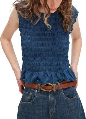 Yuemengxuan Womens Summer Top Cap Sleeve Smocked Shirts Ruffle Hem Going Out Tops Shirred Tank Crop Tee Y2K Outfits