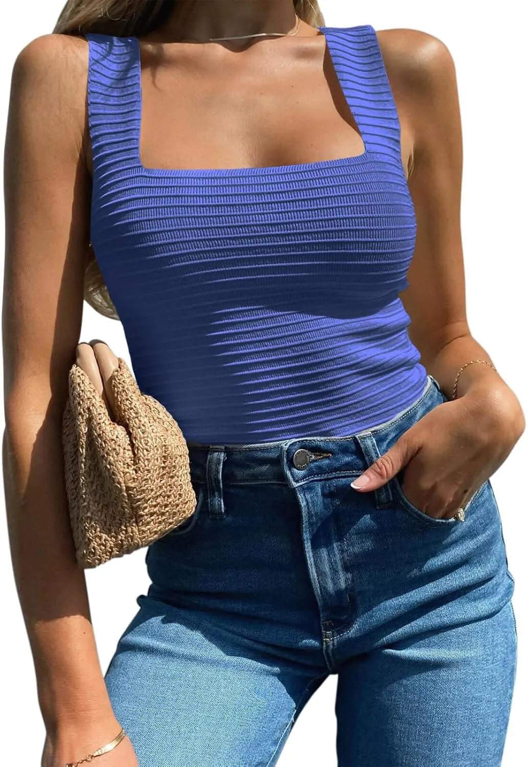 ZDC Womens Ribbed Tank Tops 2025 Summer Square Neck Sleeveless Tops Casual Slim Knit Shirts Tees
