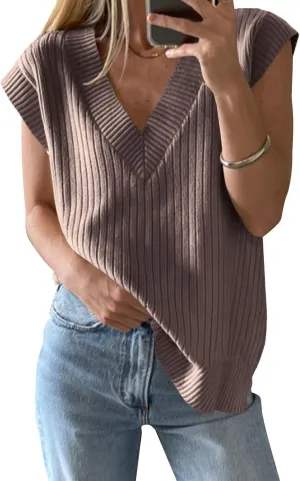 ZDC Women's V Neck Sweater Vest Oversized Sleeveles Casual Tank Tops Ribbed Knit Loose Fit Pullover