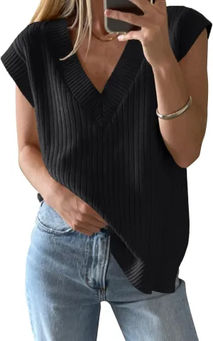 ZDC Women's V Neck Sweater Vest Oversized Sleeveles Casual Tank Tops Ribbed Knit Loose Fit Pullover