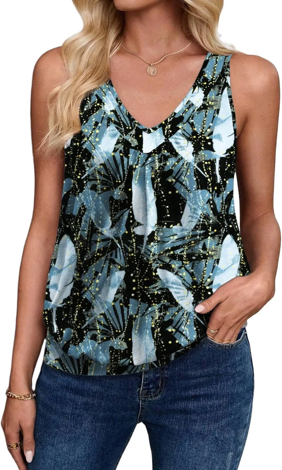 Zeagoo Womens Tank Tops Loose Fit V Neck Ruched Sleeveless Tops Casual Basic Banded Shirts S-XXL