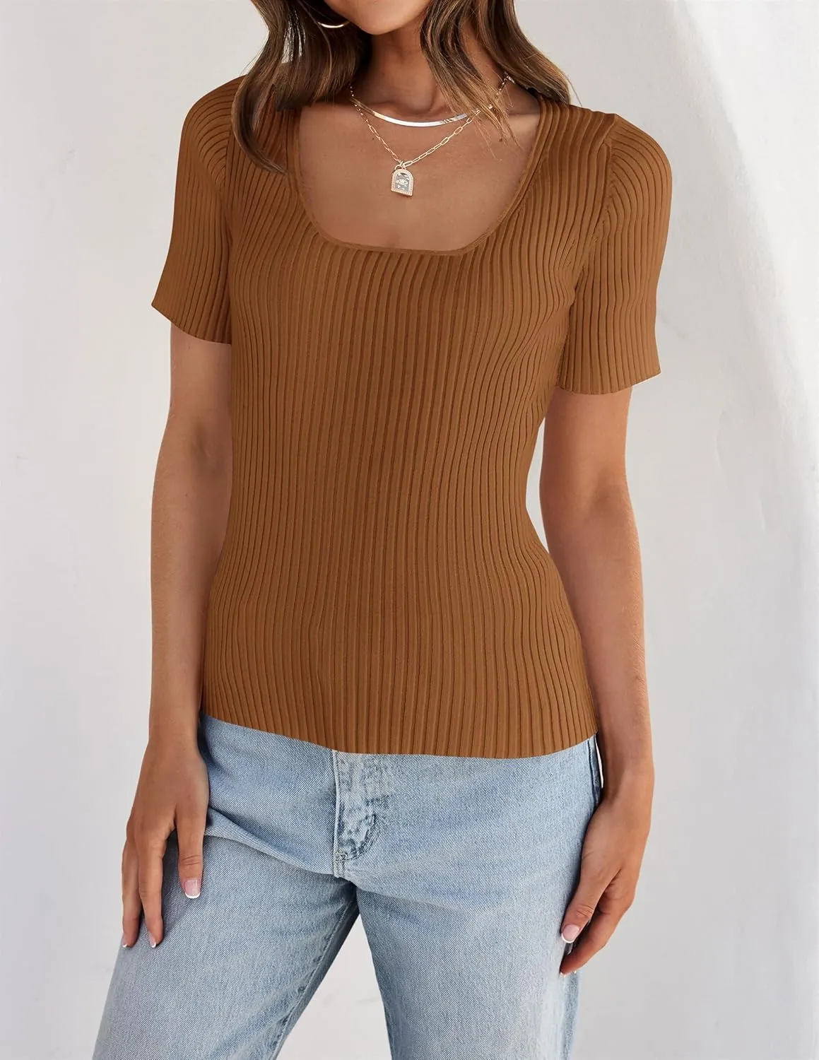 ZESICA Women's 2025 Short Sleeve Square Neck T Shirts Slim Fitted Summer Ribbed Knit Basic Casual Tee Tops