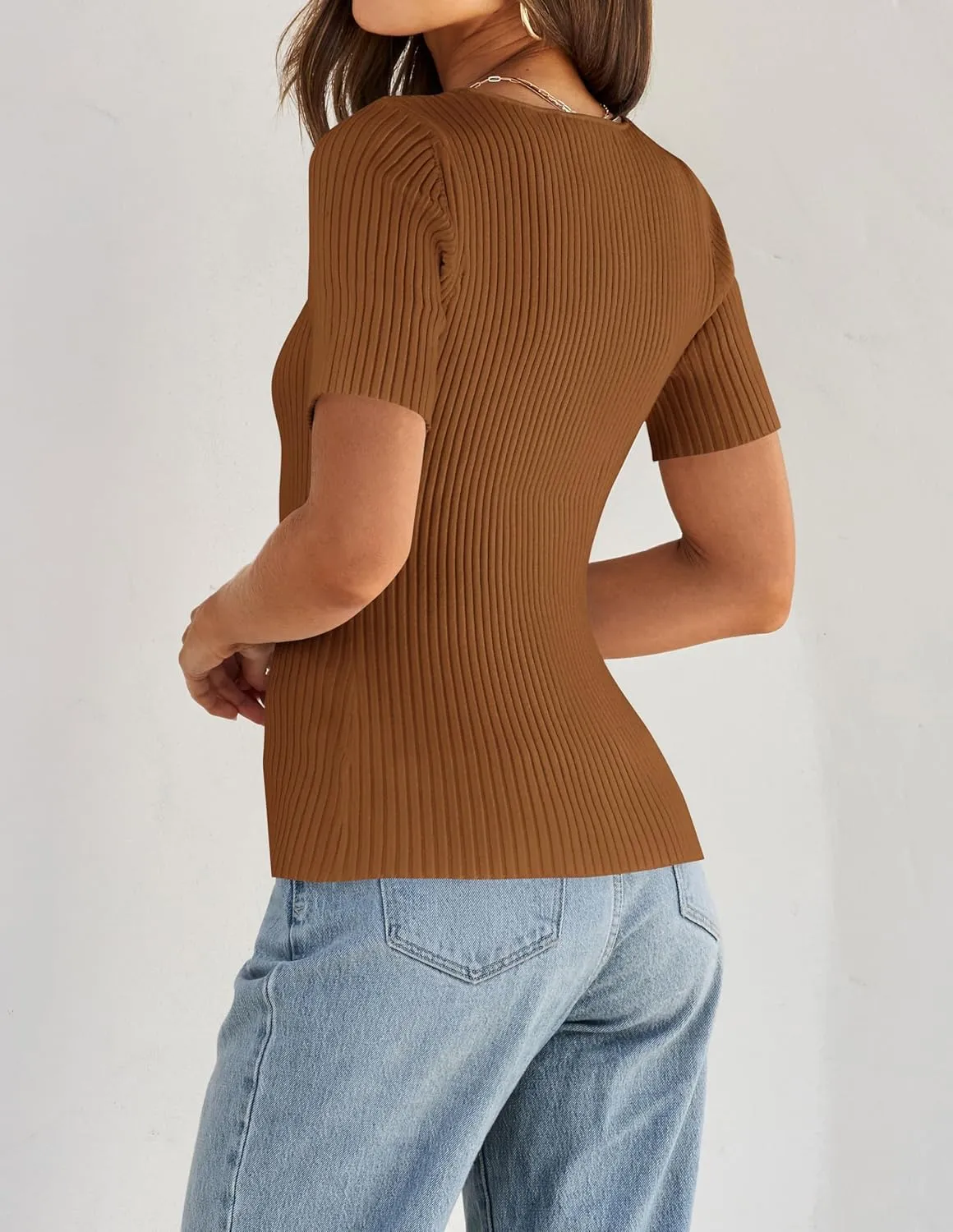 ZESICA Women's 2025 Short Sleeve Square Neck T Shirts Slim Fitted Summer Ribbed Knit Basic Casual Tee Tops