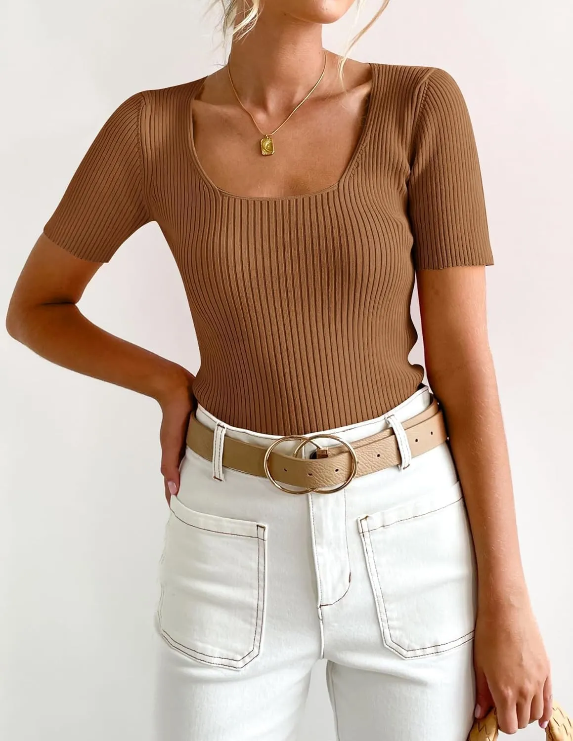 ZESICA Women's 2025 Short Sleeve Square Neck T Shirts Slim Fitted Summer Ribbed Knit Basic Casual Tee Tops