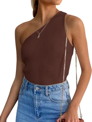 ZESICA Women's One Shoulder Tank Summer Sleeveless T Shirt Ribbed Knit Slim Fit Sexy Casual Basic Tee Tops