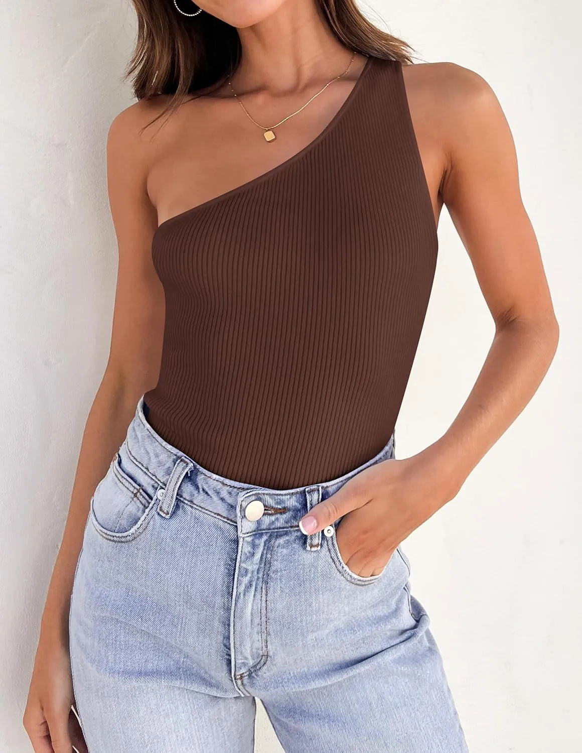 ZESICA Women's One Shoulder Tank Summer Sleeveless T Shirt Ribbed Knit Slim Fit Sexy Casual Basic Tee Tops