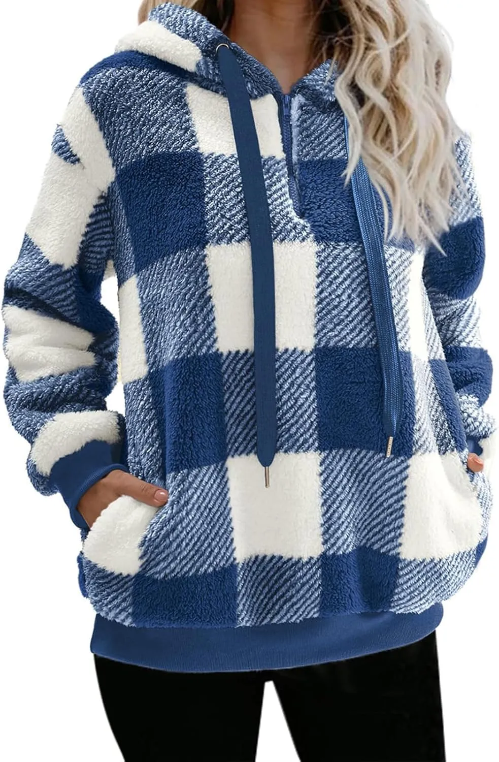 ZWRXW Womens Oversized Sherpa Hoodies Drawstring Fuzzy Fleece Hoodie Sweatshirts Fluffy Buffalo Plaid Outerwear with Pockets