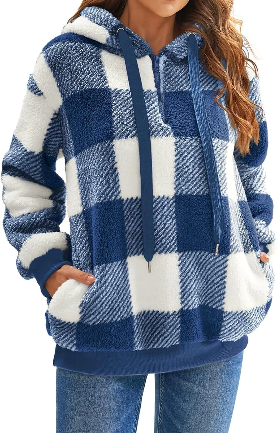 ZWRXW Womens Oversized Sherpa Hoodies Drawstring Fuzzy Fleece Hoodie Sweatshirts Fluffy Buffalo Plaid Outerwear with Pockets